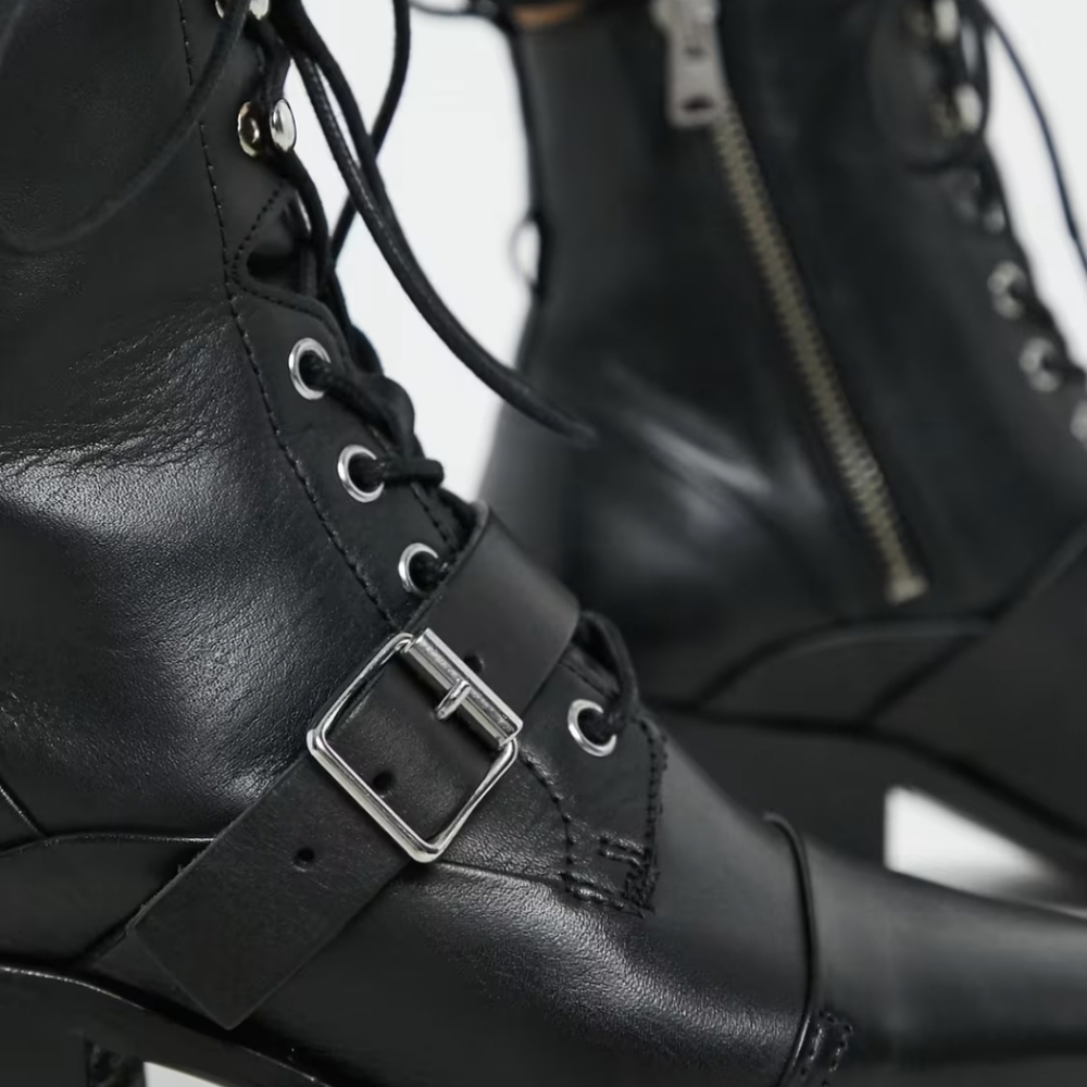 AllSaints Katy lace up heeled leather boots with buckle in black - Picture 12 of 12